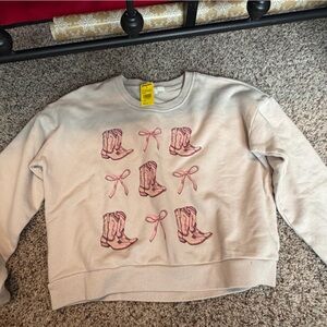 Tilly's Cream Sweatshirt with Pink Cowboy Boot Print